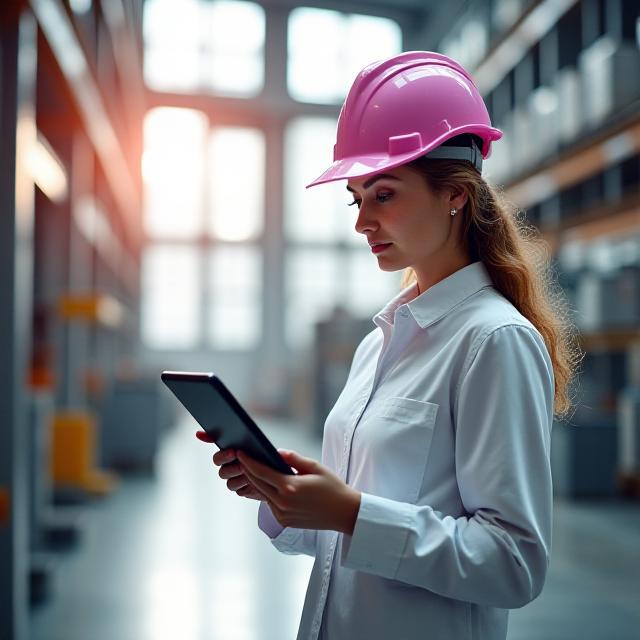 Modern data analyst working in a factory setting