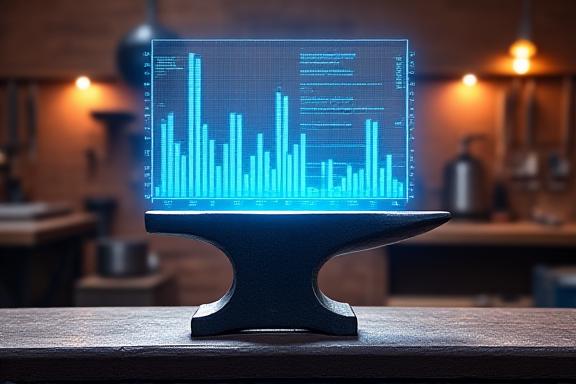 Industrial workshop with modern data overlays